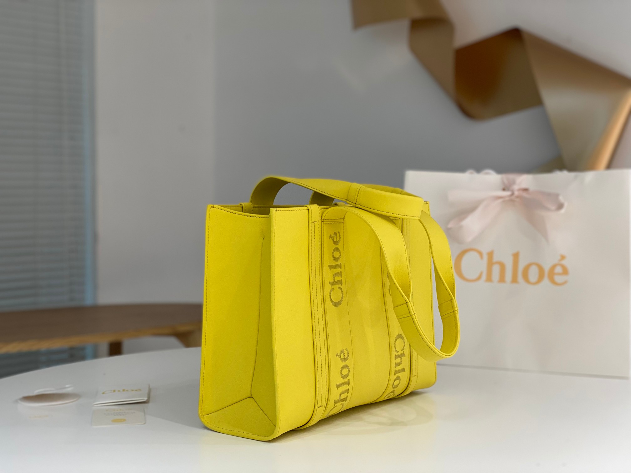 Chloe Medium Woody Tote Bag In Yellow Soft Smooth Calfskin Leather